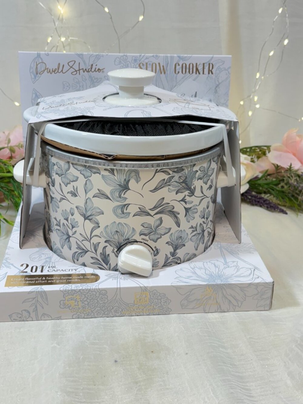 Dwell Studio 2QT Slow Cooker Blue Gray Floral Botanical Ceramic Pot 1.9L New